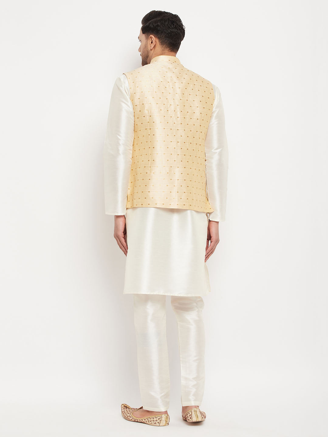 Men's Cream Silk Blend Straight Jacket  Kurta and Pyjama Set