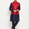 Men's Navy Blue Silk Blend Straight Jacket  Kurta and Pyjama Set