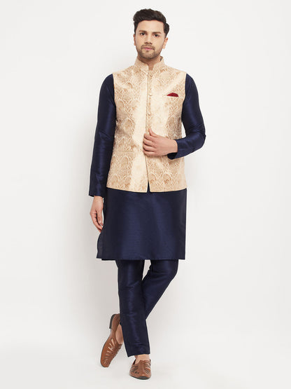 Men's Navy Blue Silk Blend Straight Jacket  Kurta and Pyjama Set