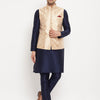 Men's Navy Blue Silk Blend Straight Jacket  Kurta and Pyjama Set