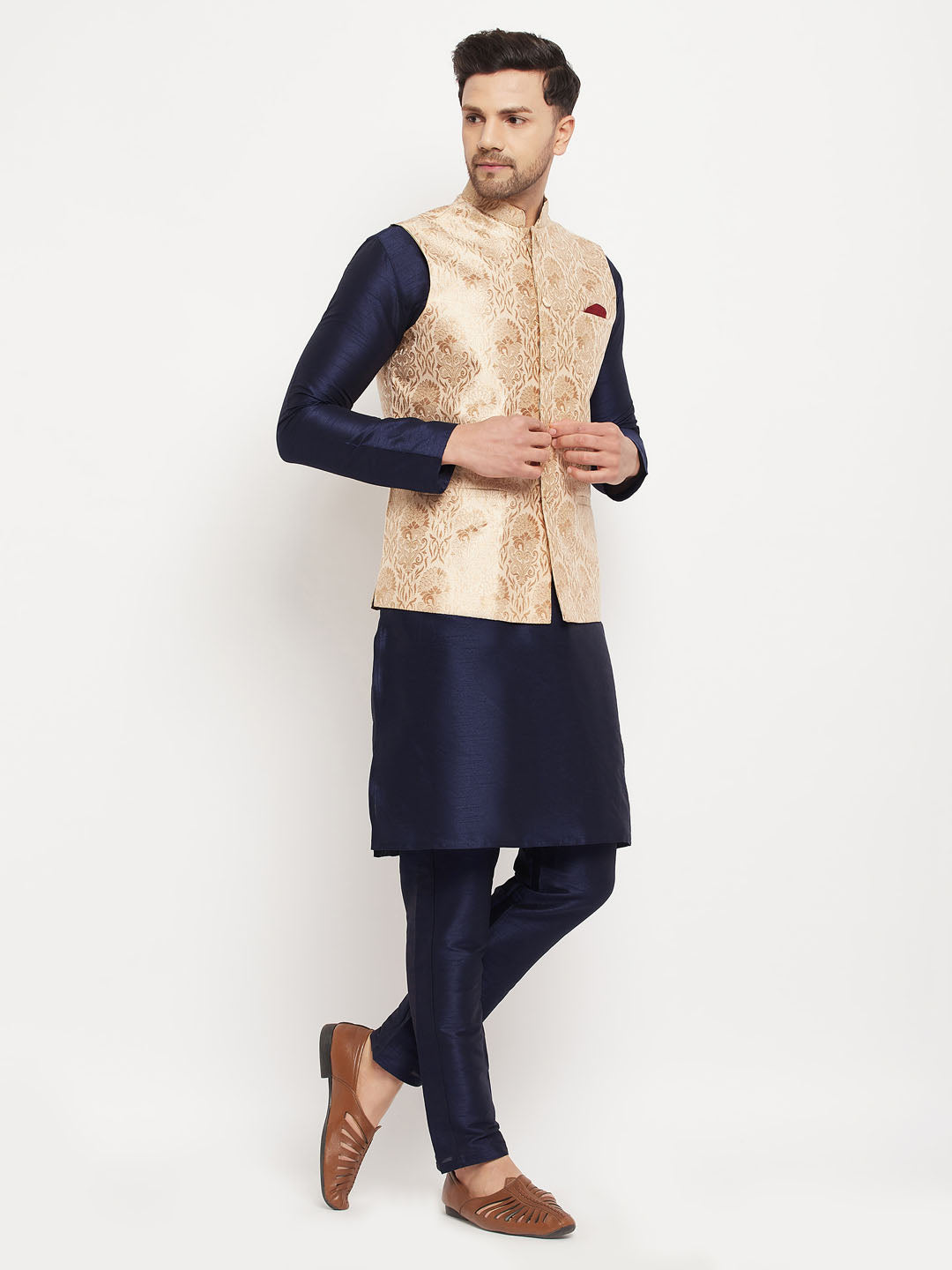 Men's Navy Blue Silk Blend Straight Jacket  Kurta and Pyjama Set