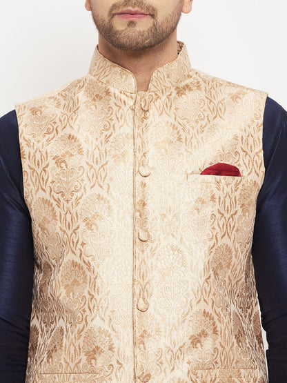 Men's Navy Blue Silk Blend Straight Jacket  Kurta and Pyjama Set