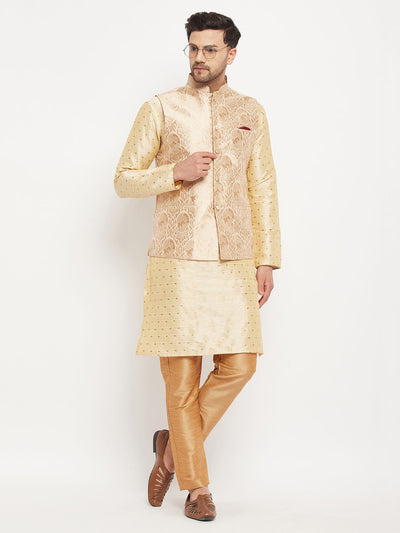 Men's Gold Silk Blend Straight Jacket  Kurta and Pyjama Set