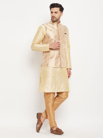 Men's Gold Silk Blend Straight Jacket  Kurta and Pyjama Set