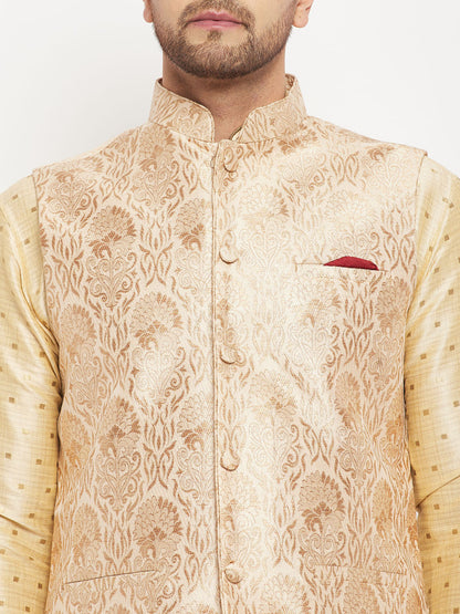 Men's Gold Silk Blend Straight Jacket  Kurta and Pyjama Set