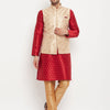 Men's Maroon Silk Blend Straight Jacket  Kurta and Pyjama Set
