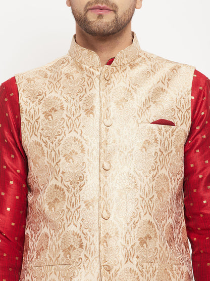 Men's Maroon Silk Blend Straight Jacket  Kurta and Pyjama Set