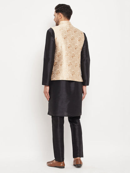 Men's Black Silk Blend Straight Jacket  Kurta and Pyjama Set