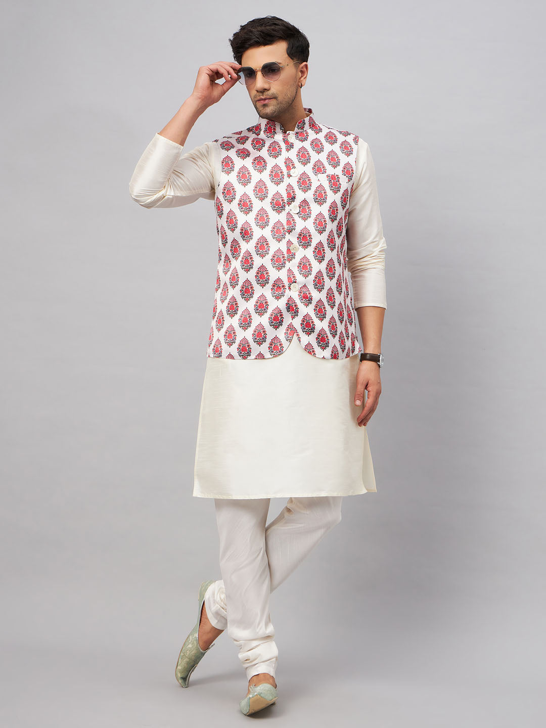 Men's Cream Silk Blend Straight Jacket  Kurta and Pyjama Set