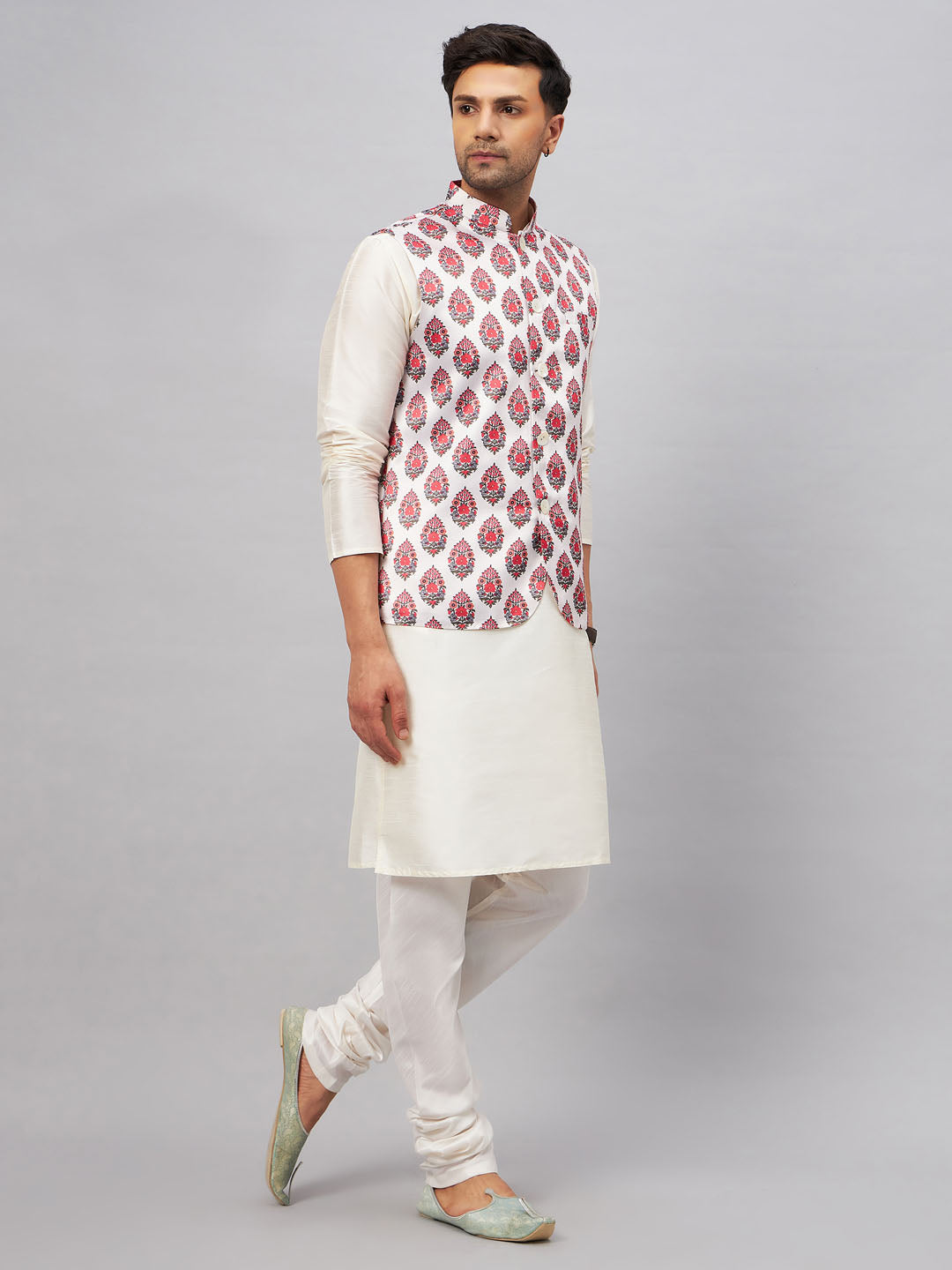 Men's Cream Silk Blend Straight Jacket  Kurta and Pyjama Set