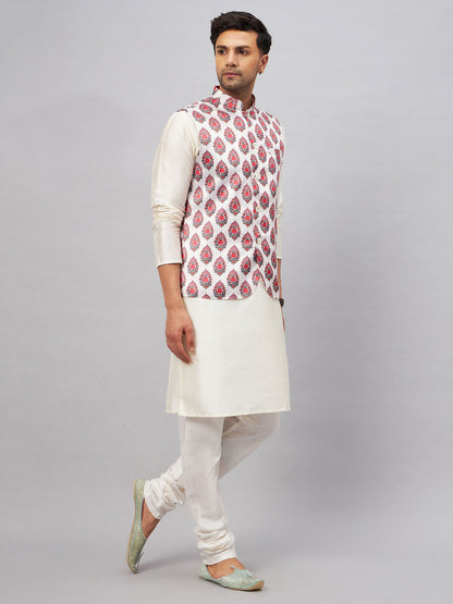 Men's Cream Silk Blend Straight Jacket  Kurta and Pyjama Set