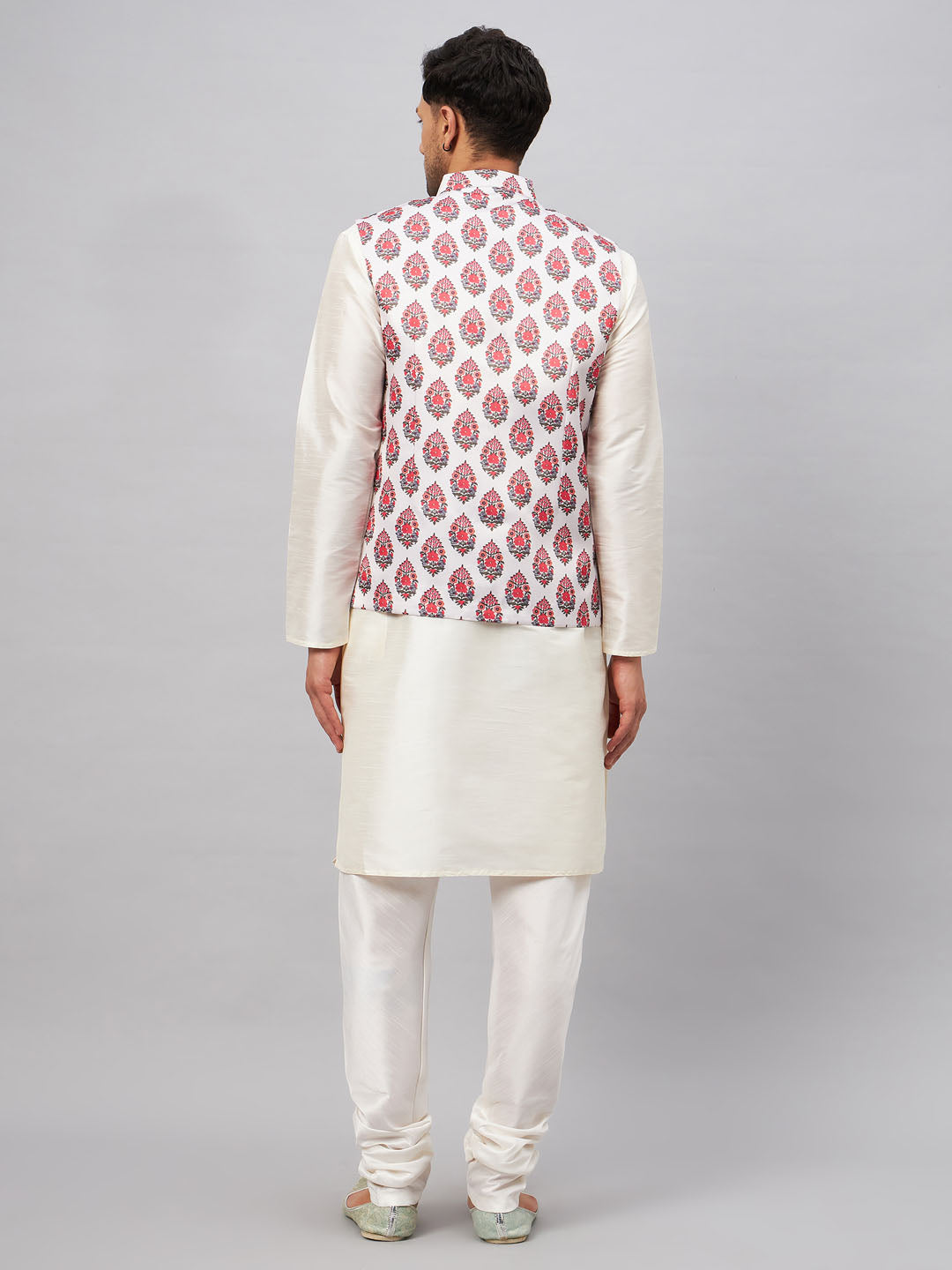 Men's Cream Silk Blend Straight Jacket  Kurta and Pyjama Set