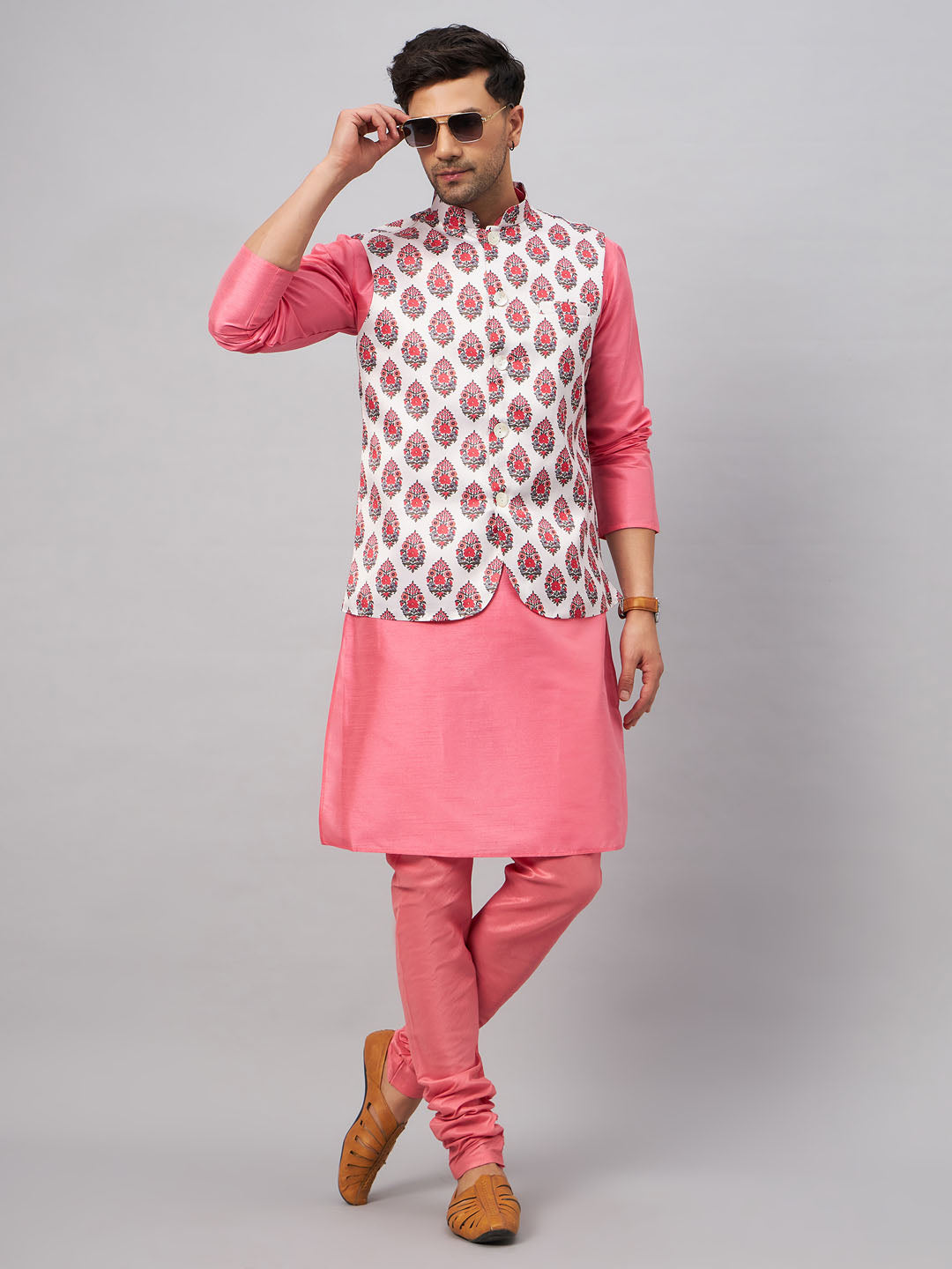 Men's Pink Silk Blend Straight Jacket  Kurta and Pyjama Set