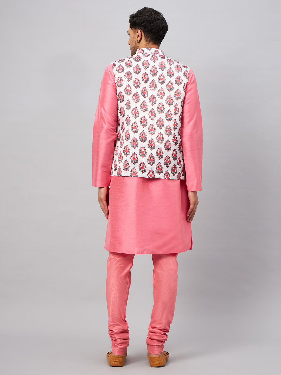 Men's Pink Silk Blend Straight Jacket  Kurta and Pyjama Set