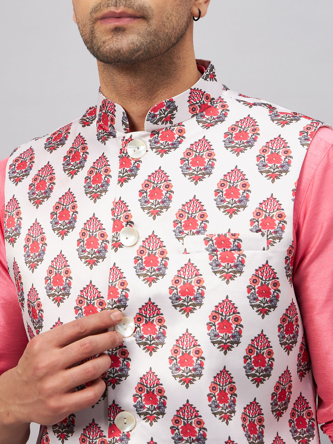 Men's Pink Silk Blend Straight Jacket  Kurta and Pyjama Set