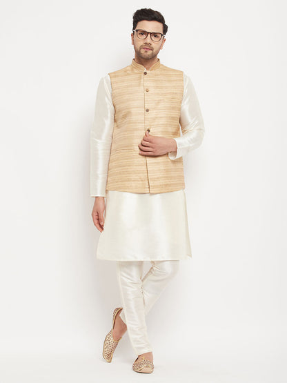 Men's Cream Silk Blend Straight Jacket  Kurta and Pyjama Set