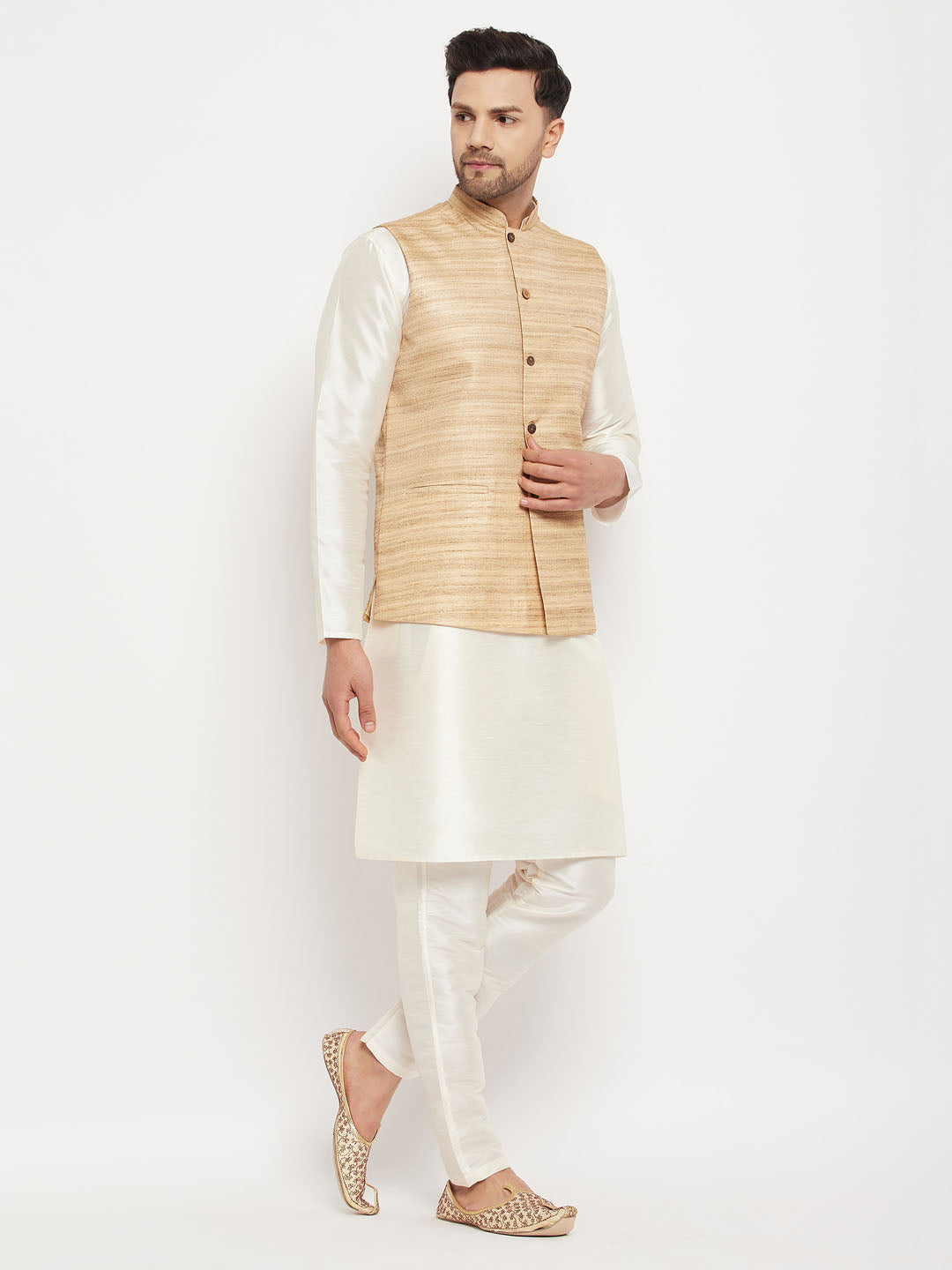 Men's Cream Silk Blend Straight Jacket  Kurta and Pyjama Set