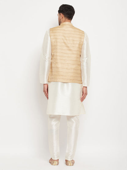 Men's Cream Silk Blend Straight Jacket  Kurta and Pyjama Set