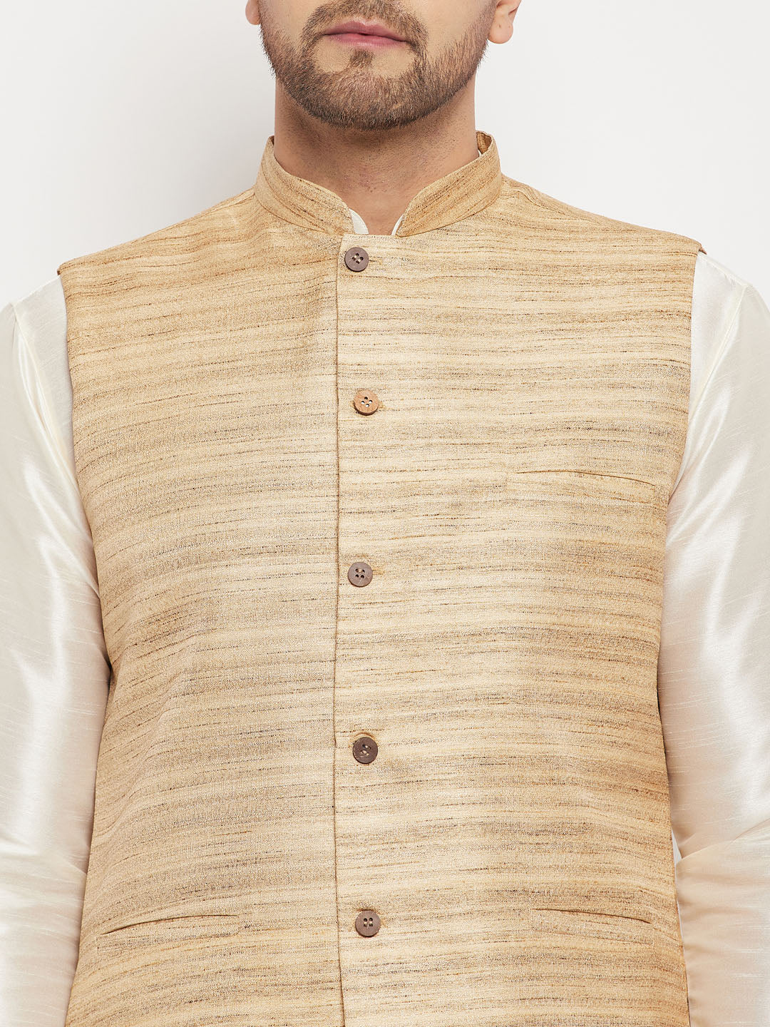 Men's Cream Silk Blend Straight Jacket  Kurta and Pyjama Set