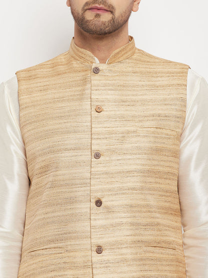 Men's Cream Silk Blend Straight Jacket  Kurta and Pyjama Set