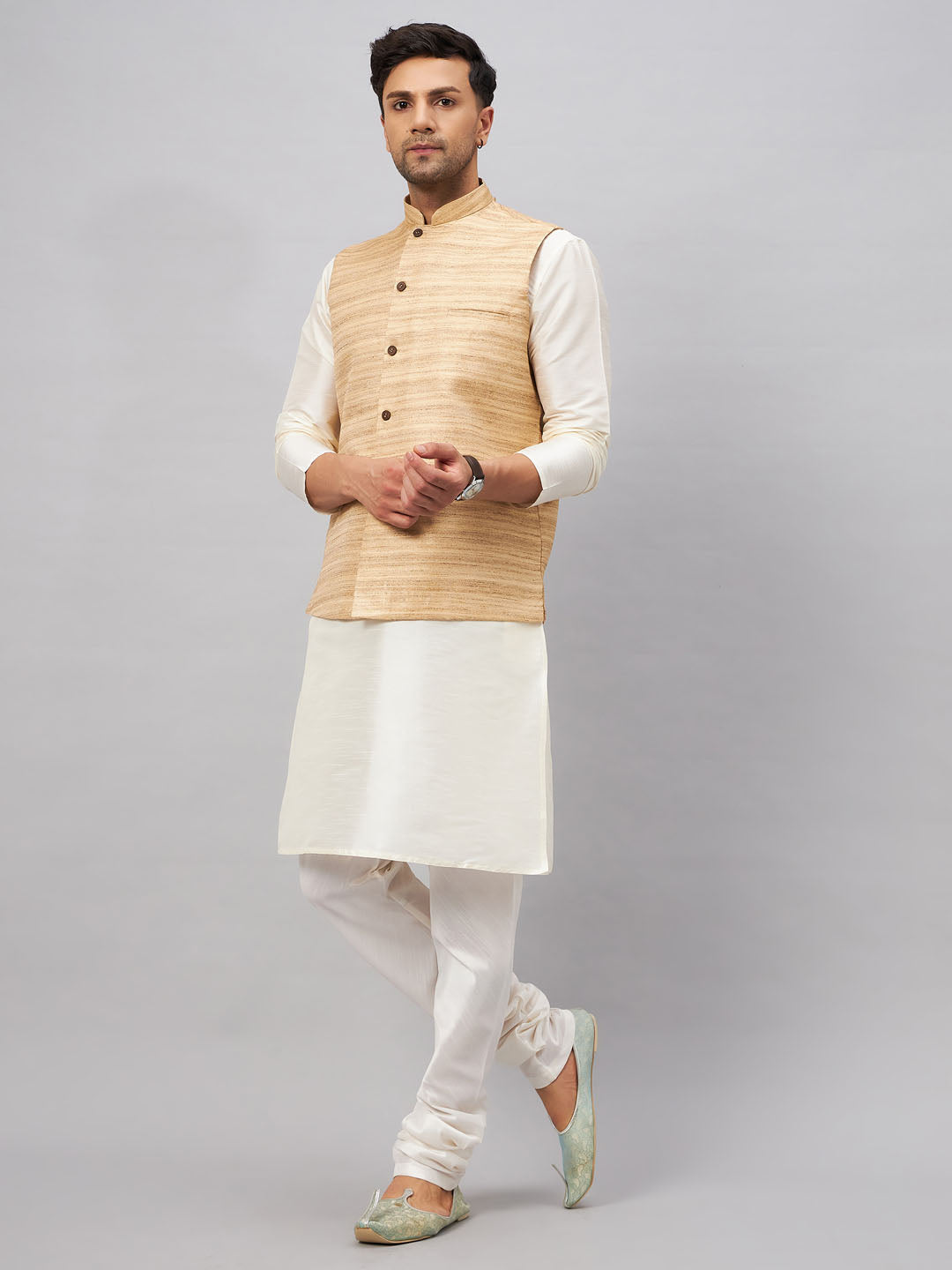 Men's Cream Silk Blend Straight Jacket  Kurta and Pyjama Set