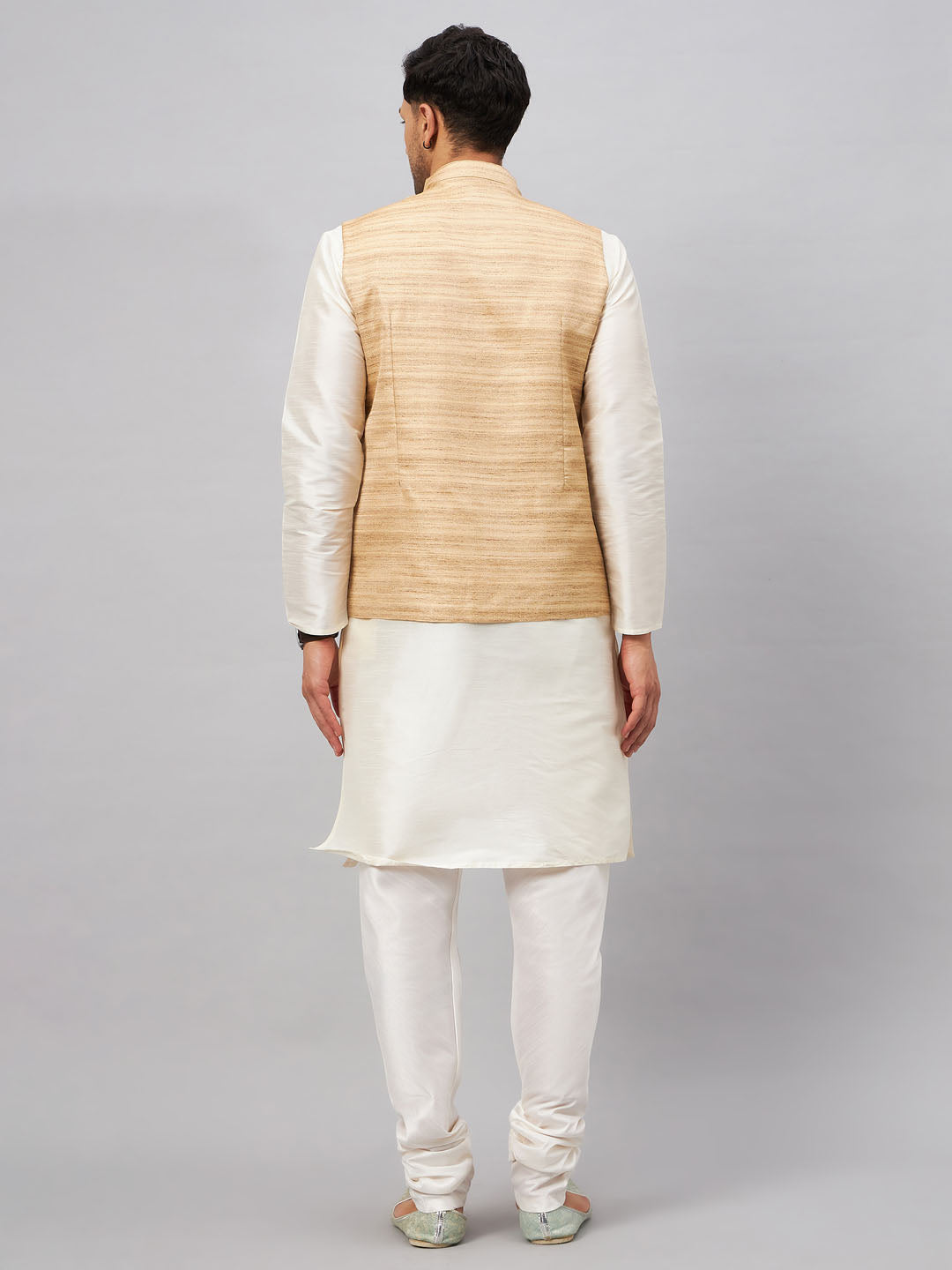 Men's Cream Silk Blend Straight Jacket  Kurta and Pyjama Set