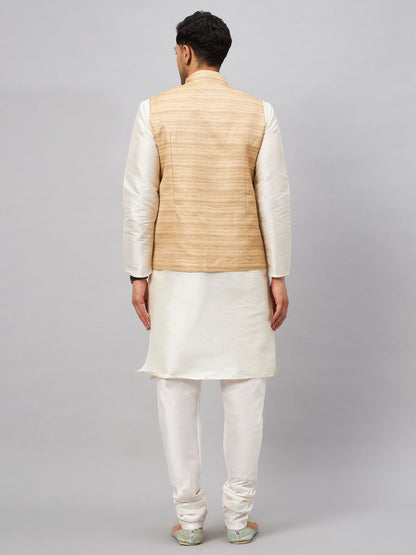 Men's Cream Silk Blend Straight Jacket  Kurta and Pyjama Set