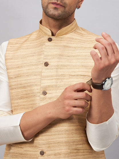 Men's Cream Silk Blend Straight Jacket  Kurta and Pyjama Set