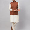 Men's Cream Silk Blend Straight Jacket  Kurta and Pyjama Set