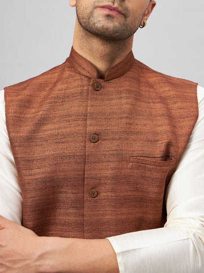 Men's Cream Silk Blend Straight Jacket  Kurta and Pyjama Set