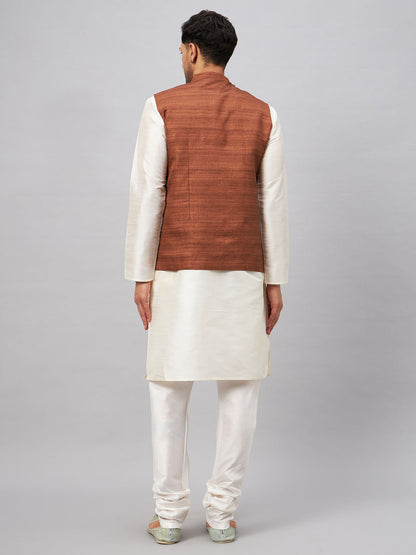 Men's Cream Silk Blend Straight Jacket  Kurta and Pyjama Set