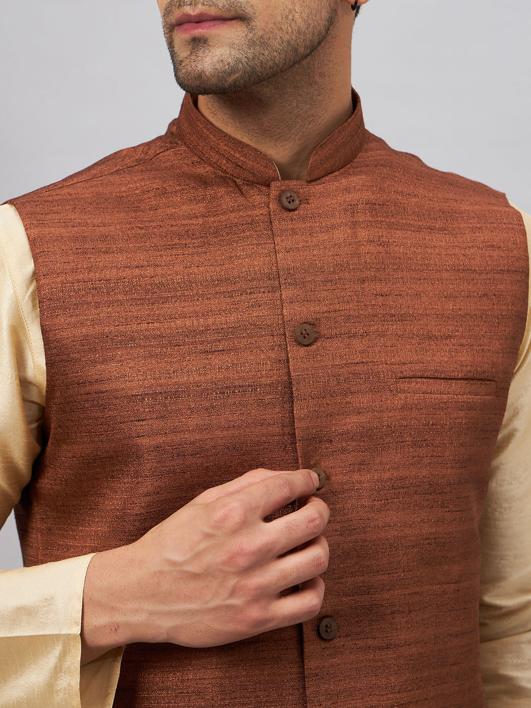 Men's Gold Silk Blend Straight Jacket  Kurta and Pyjama Set