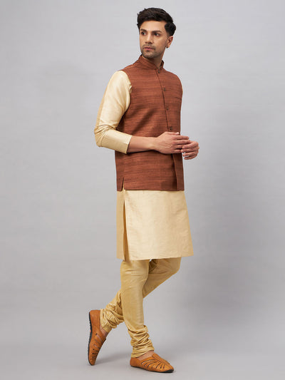 Men's Gold Silk Blend Straight Jacket  Kurta and Pyjama Set