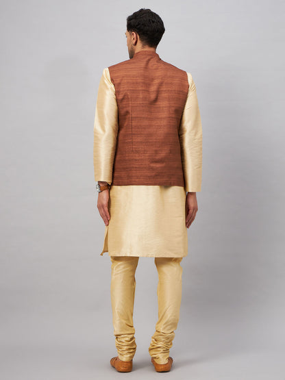 Men's Gold Silk Blend Straight Jacket  Kurta and Pyjama Set