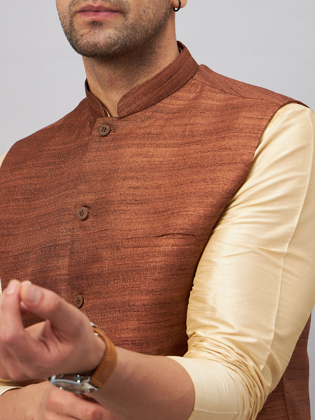 Men's Gold Silk Blend Straight Jacket  Kurta and Pyjama Set