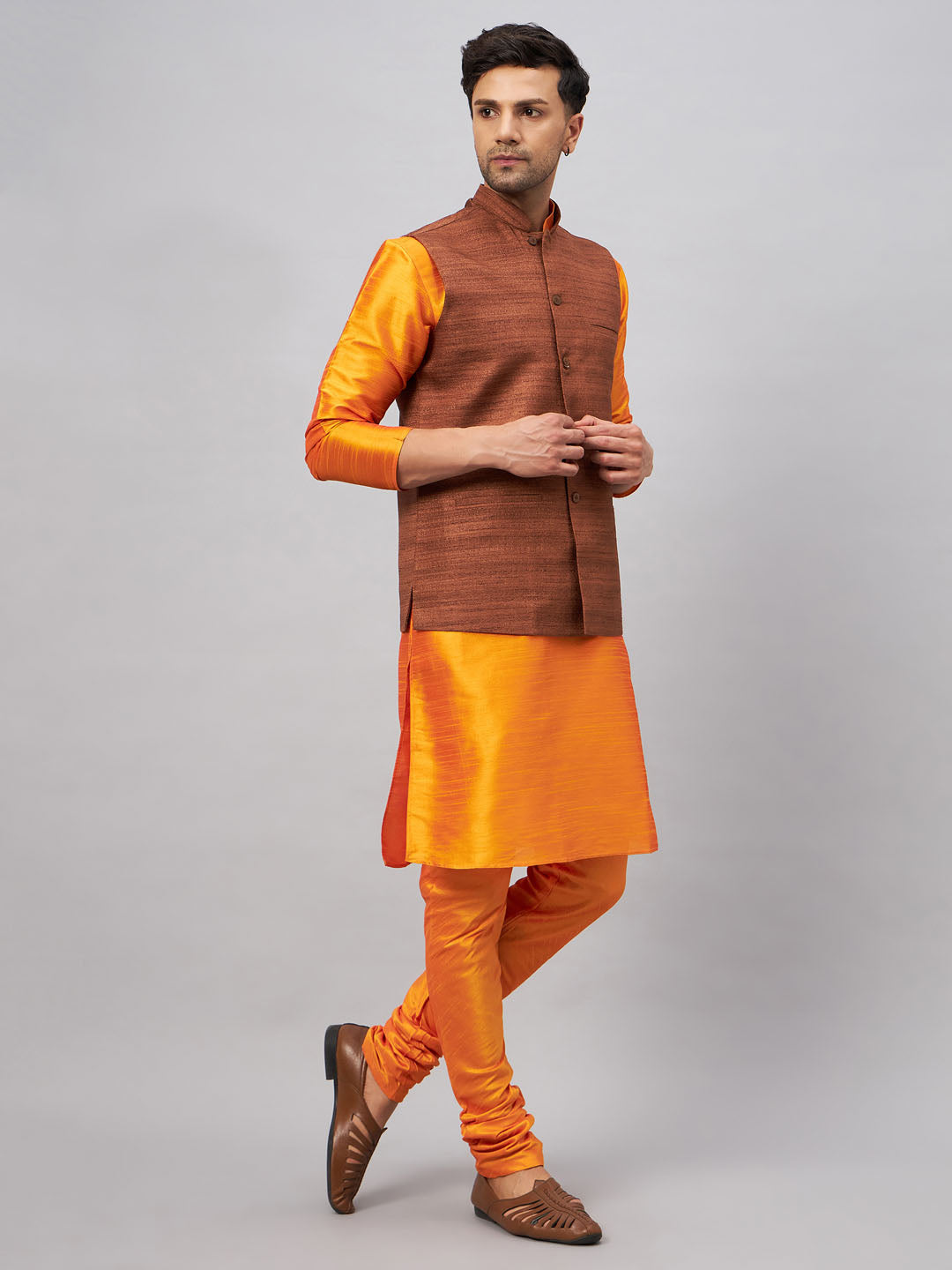 Men's Orange Silk Blend Straight Jacket  Kurta and Pyjama Set