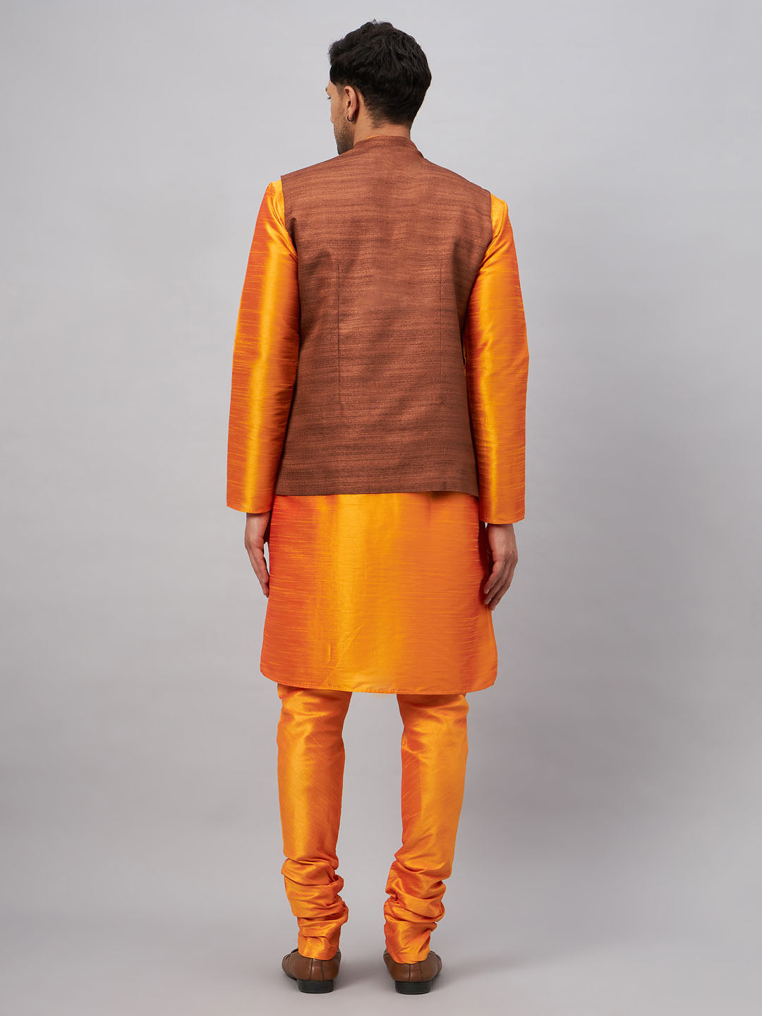 Men's Orange Silk Blend Straight Jacket  Kurta and Pyjama Set
