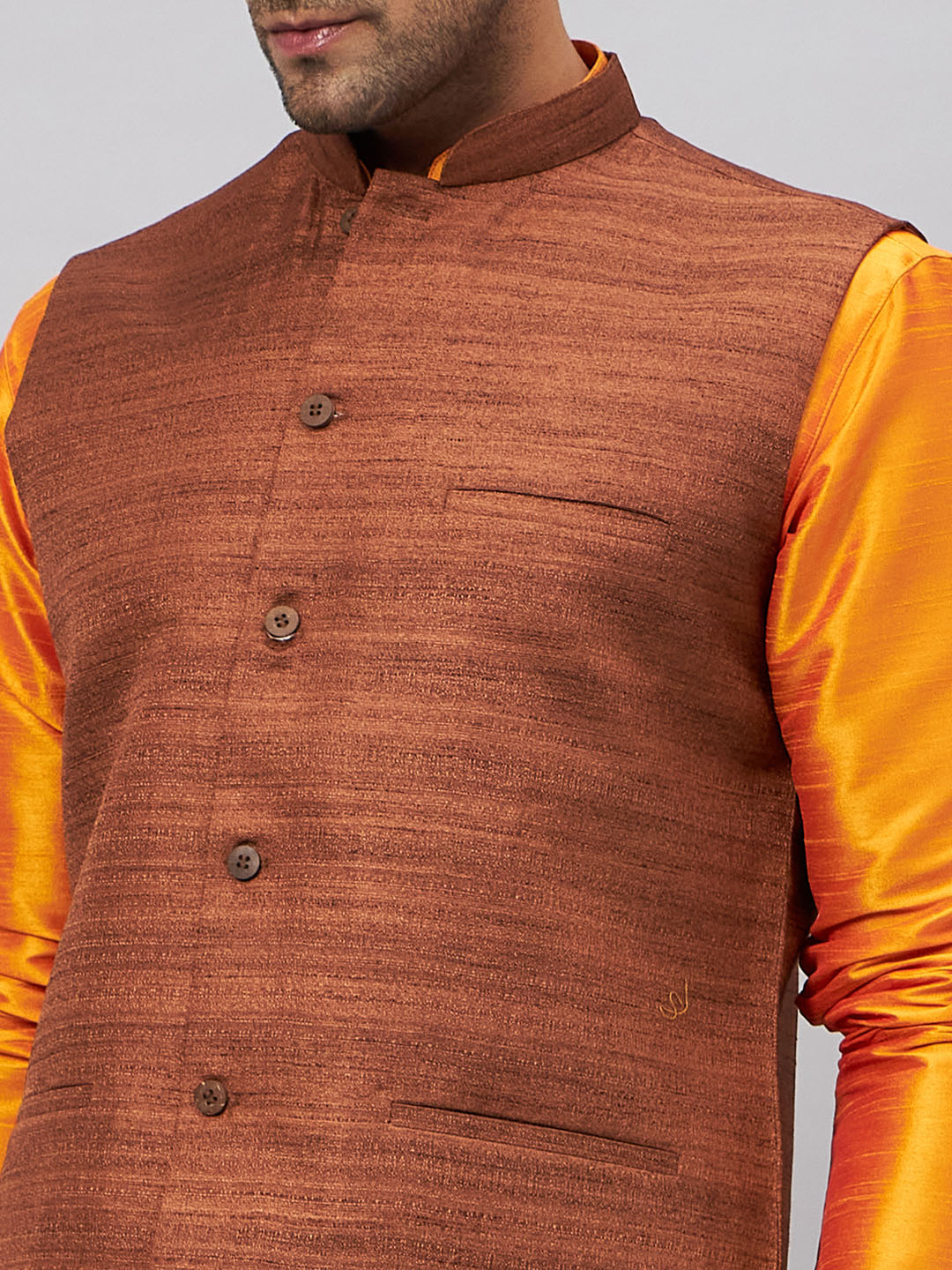 Men's Orange Silk Blend Straight Jacket  Kurta and Pyjama Set