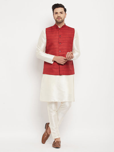 Men's Cream Silk Blend Straight Jacket  Kurta and Pyjama Set