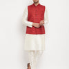 Men's Cream Silk Blend Straight Jacket  Kurta and Pyjama Set