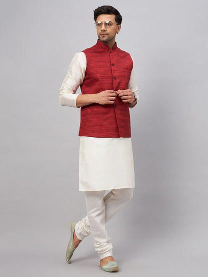 Men's Cream Silk Blend Straight Jacket  Kurta and Pyjama Set