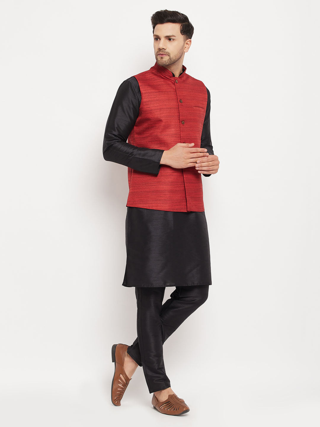 Men's Black Silk Blend Straight Jacket  Kurta and Pyjama Set