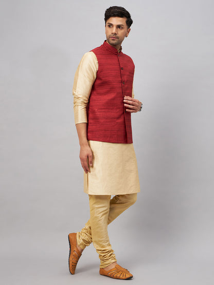 Men's Gold Silk Blend Straight Jacket  Kurta and Pyjama Set