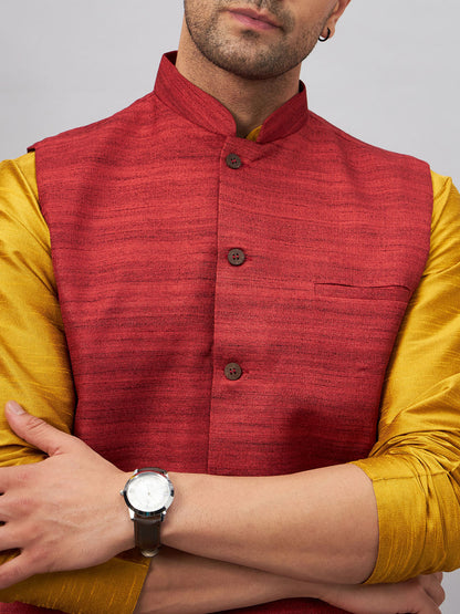 Men's Mustard Silk Blend Straight Jacket  Kurta and Pyjama Set