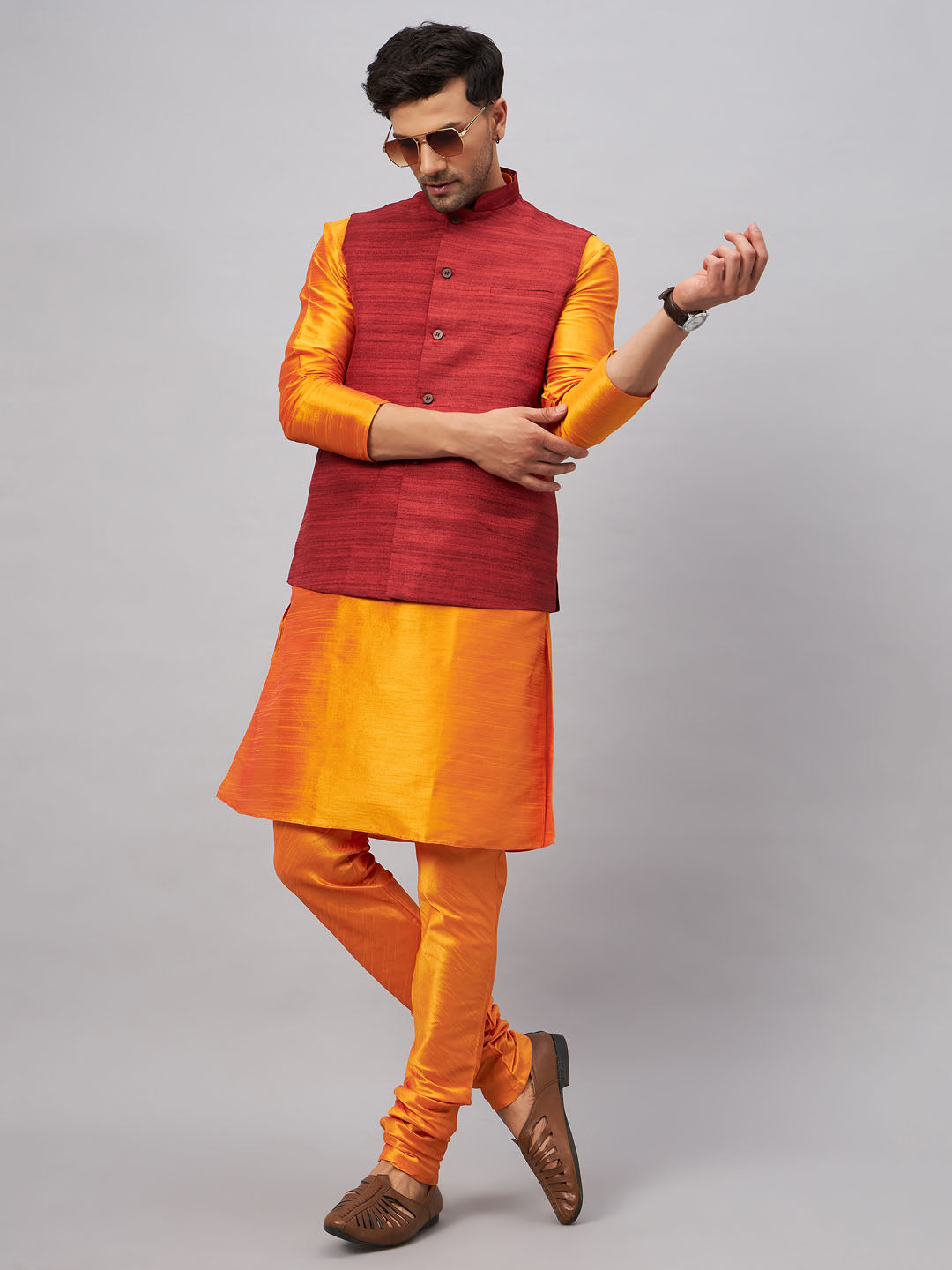 Men's Orange Silk Blend Straight Jacket  Kurta and Pyjama Set