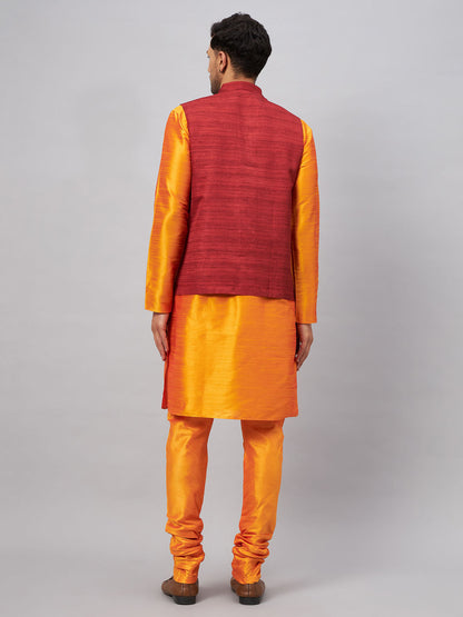 Men's Orange Silk Blend Straight Jacket  Kurta and Pyjama Set