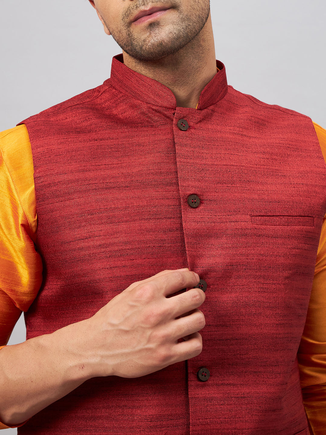 Men's Orange Silk Blend Straight Jacket  Kurta and Pyjama Set