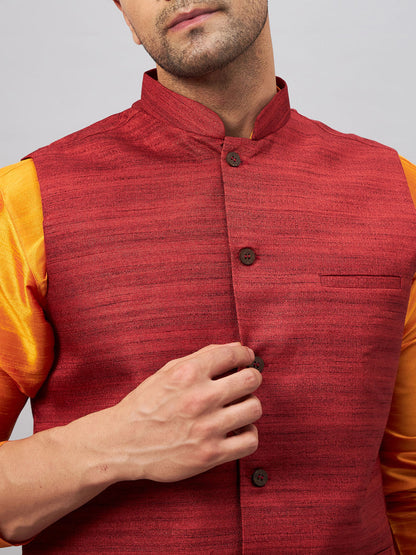 Men's Orange Silk Blend Straight Jacket  Kurta and Pyjama Set