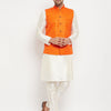 Men's Cream Silk Blend Straight Jacket  Kurta and Pyjama Set
