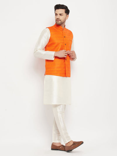 Men's Cream Silk Blend Straight Jacket  Kurta and Pyjama Set